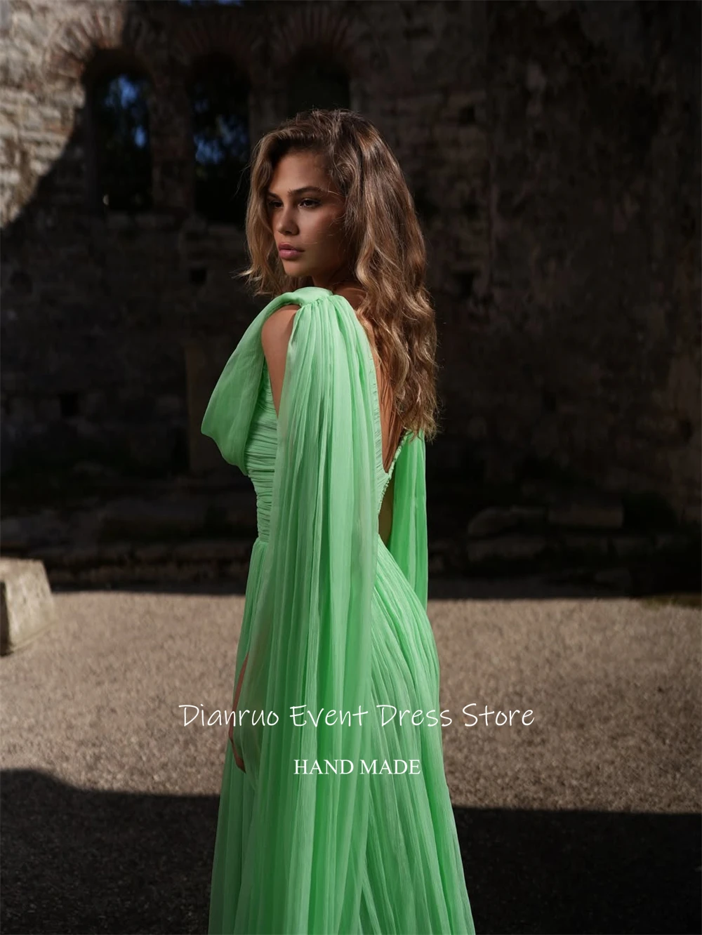 فساتين سهرة طويلة من الشيفون بطيات باللون الأخضر من Dianruo فساتين سهرة مكشكشة متدفقة على شكل حرف A من فيستدوس دي فيرانو مخصصة