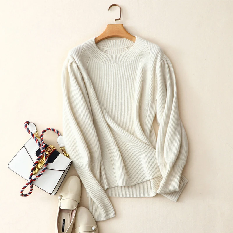 masigoch autumn winter new ribbed knit puff sleeve knitwear 6ply luxury knit 100% cashmere sweater crewneck