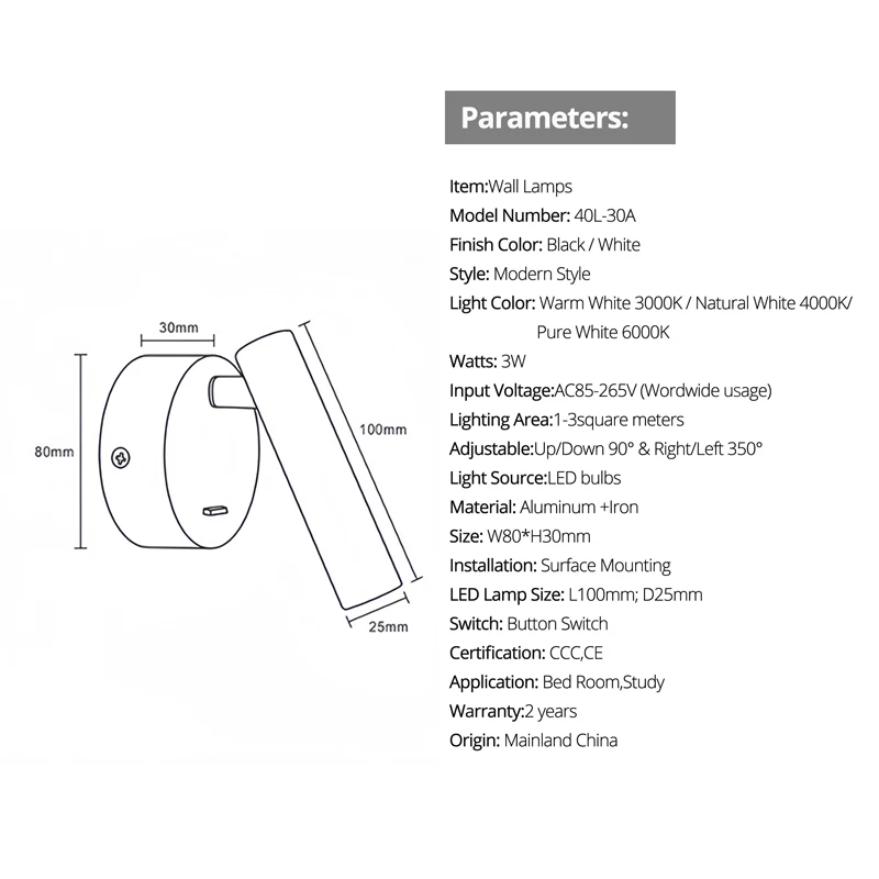 Surface Mounted Modern Minimalist Bedside Wall Lamp Reading Light Hotel Bedroom Small Spotlight Rotatable Bedside Lamp