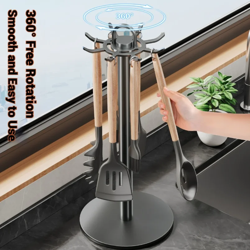 

Kitchen Utensil Rack: Rotating storage rack with hooks for countertop organization, swivel utensil rack