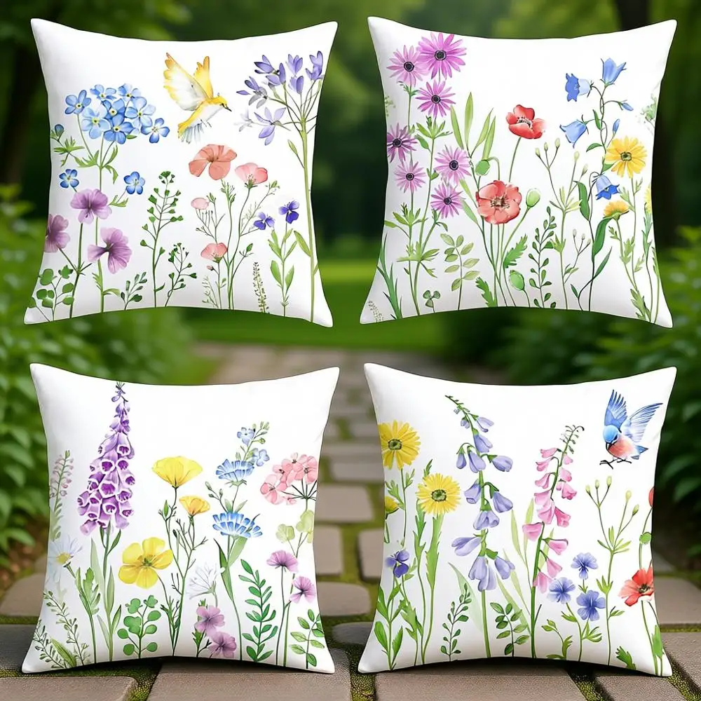 

Наволочки для декоративных подушек с весенним цветочным принтом, 45x45 см, из вельвета, для сада, с изображением птиц, набор из 4 штук