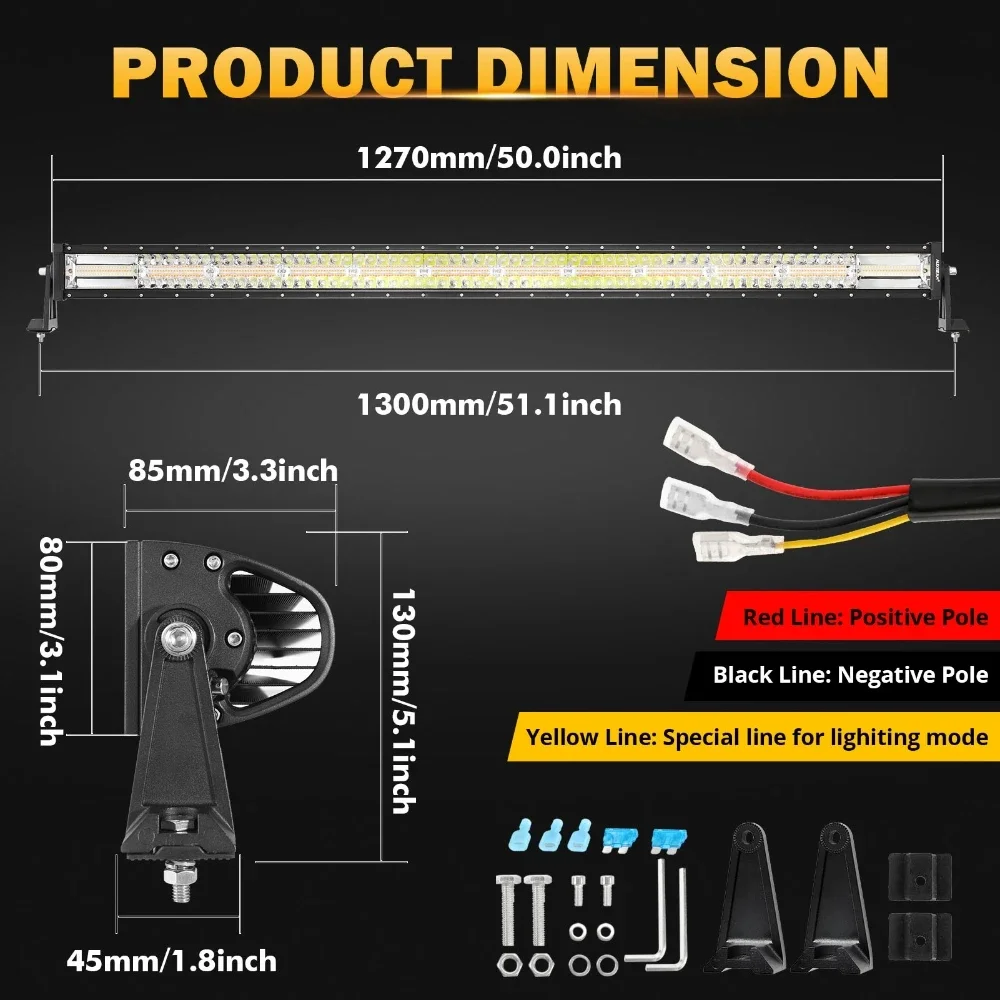 AUXBEAM 50 Inch LED Light Bar with Wire Harness 6 Modes White & Amber Work Light with Memory Function Off Road Driving Lamp