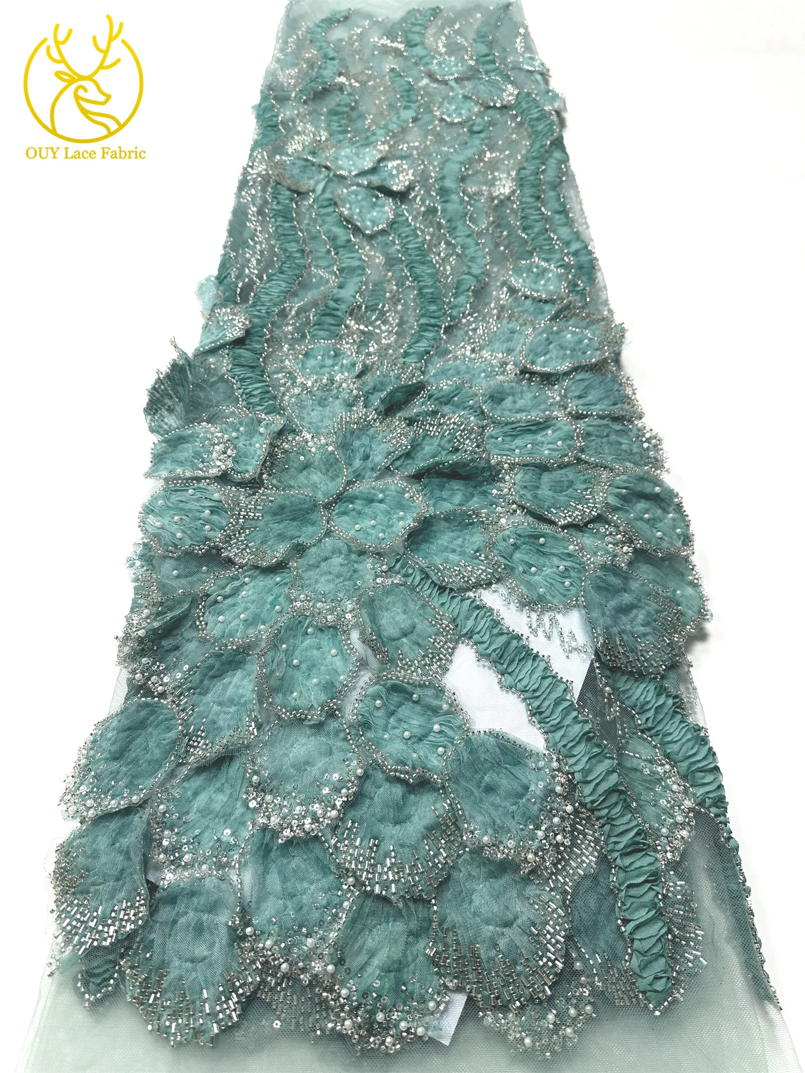 3D Mode Französisches Hochzeitskleid Mesh-Stickerei Pailletten Spitzenstoff Afrikanischer Nigerianischer Perlen-Spitzenstoff Brautkleid Partykleid – Detail 12