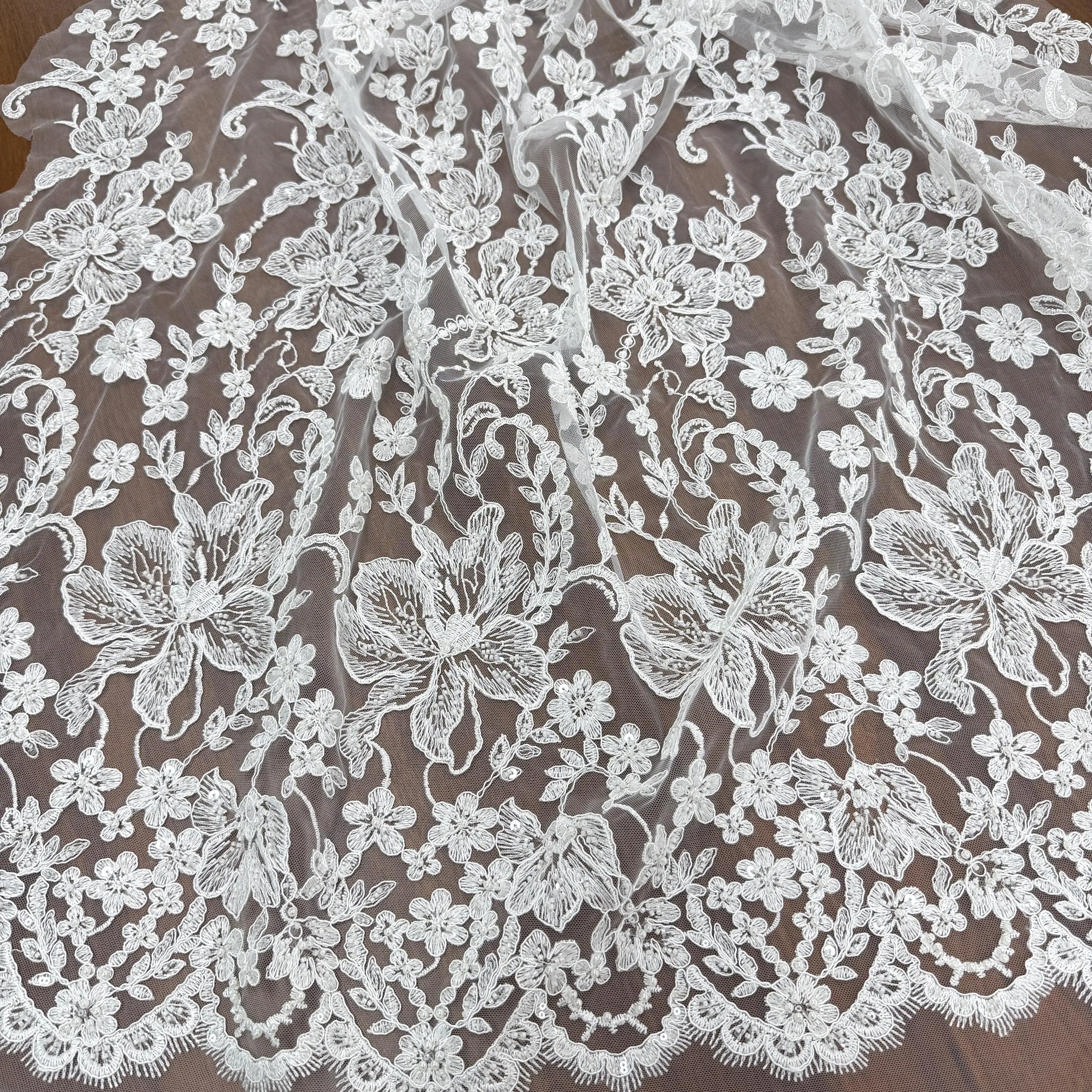 1 Yard 3D Beaded Haute Couture Fabric with Pearl and Clear Sequin  , Off White Bridal Gown Wedding Dress Fabric