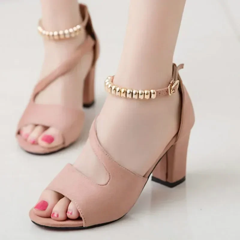 Spring Summer Sexy Fish Mouth Hollow Roman Sandals Thick With Word With Beaded High Heels Female Summer Sexy Female Sandals