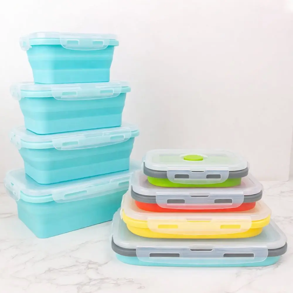 Portable Silicone Bento Box Collapsible Lunch Container Foldable Food Storage Organizer For Travel Backpacking