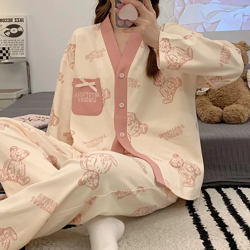 Cotton Suits Long Girl Korean Women's Pajamas Kimono Pyjama Print Pijama V Neck Spring Sleepwear Nightie Pjs loungewear women