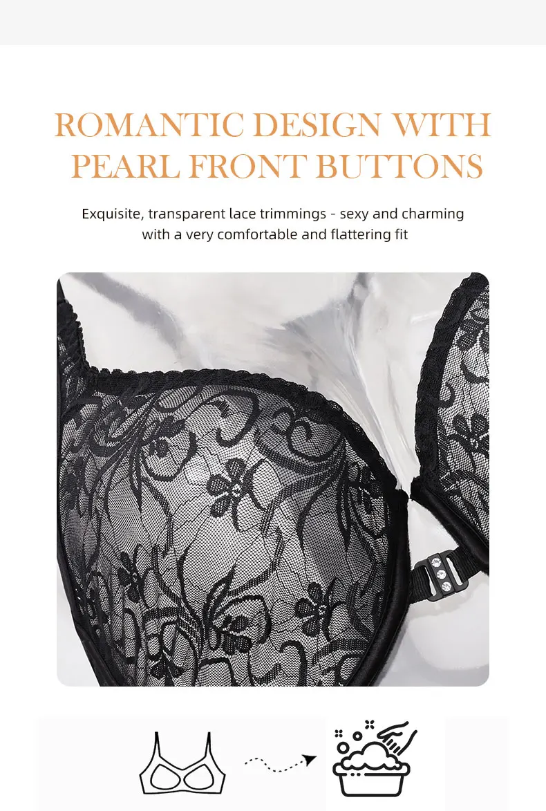 Damen-BH mit Spitze und Knöpfen vorne, Bügel-Unterwäsche, BH-Tops, elegante Stickerei, schöner Rücken, Übergröße, Dessous, Körbchengröße A B C D E F – Detail 3