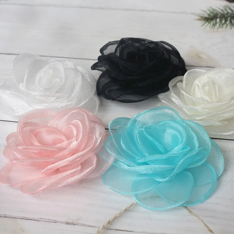 10PCS 8CM Artificial Flowers Head Organza Fabric Hairpin Corsage Wedding Dress Clothing Making Accessories Silk Flowers