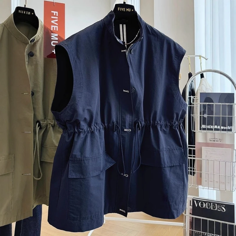 plus Size 300 Pounds American Retro Stand Collar Vest Unisex Autumn Winter Drawstring Waistless Sleeveless Workwear Jacket