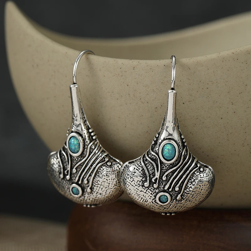 Ethnic Tribe Style Synthetic Turquoise Textured Fan Shape Drop Earrings Women's Vintage Delicate Festival Vacation Jewelry Gifts