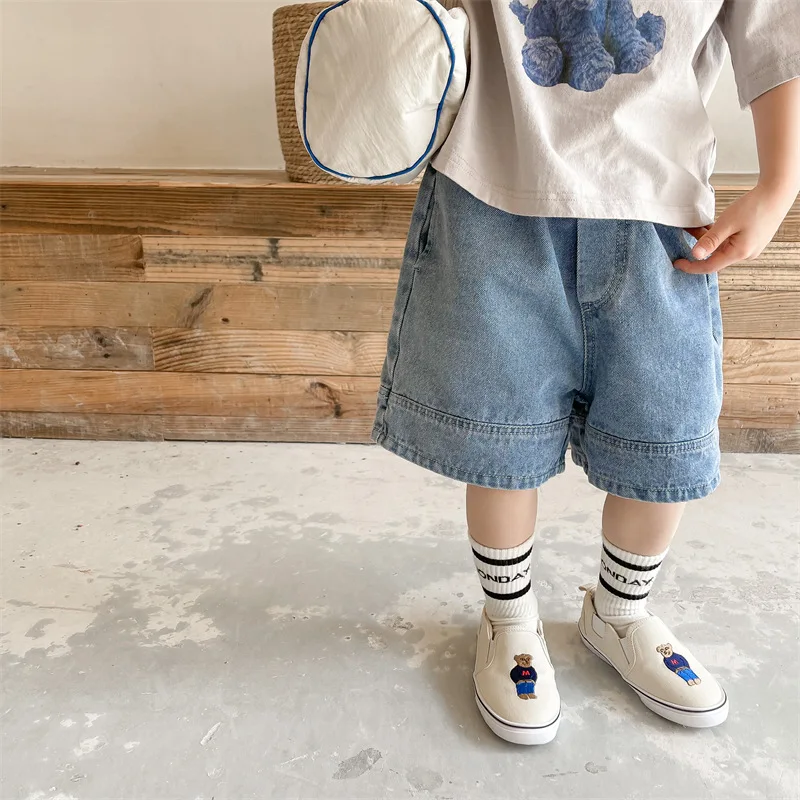 

2024 Summer New Children's denim shorts Girls solid color patchwork Middle pants Boys knee-length jeans 1-6Y