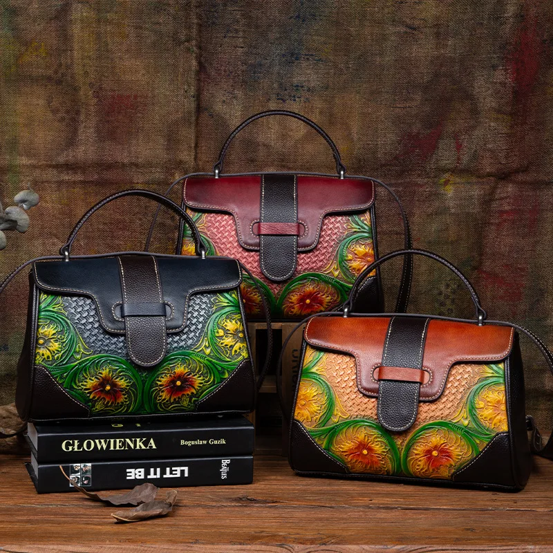 

100 Real Cowhide Leather Personalizar Bolso Art Embroidery Bags Women Fashion Luxury Designer Messenger Bag Trendy