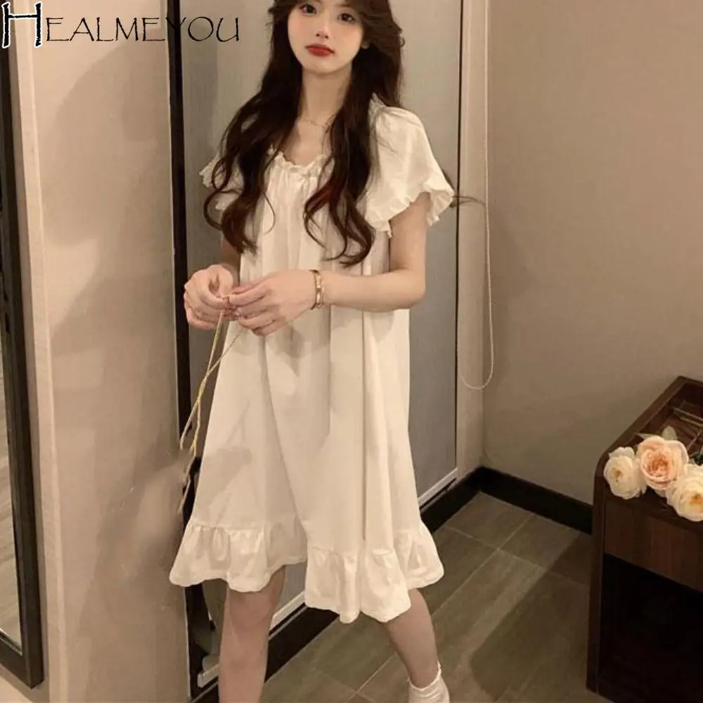 

Fashion Bowknot Women's Pajama Dress Loose Short Sleeve Ruffle Nightdress Sleepwear Home Wear Princess Nightgown Home