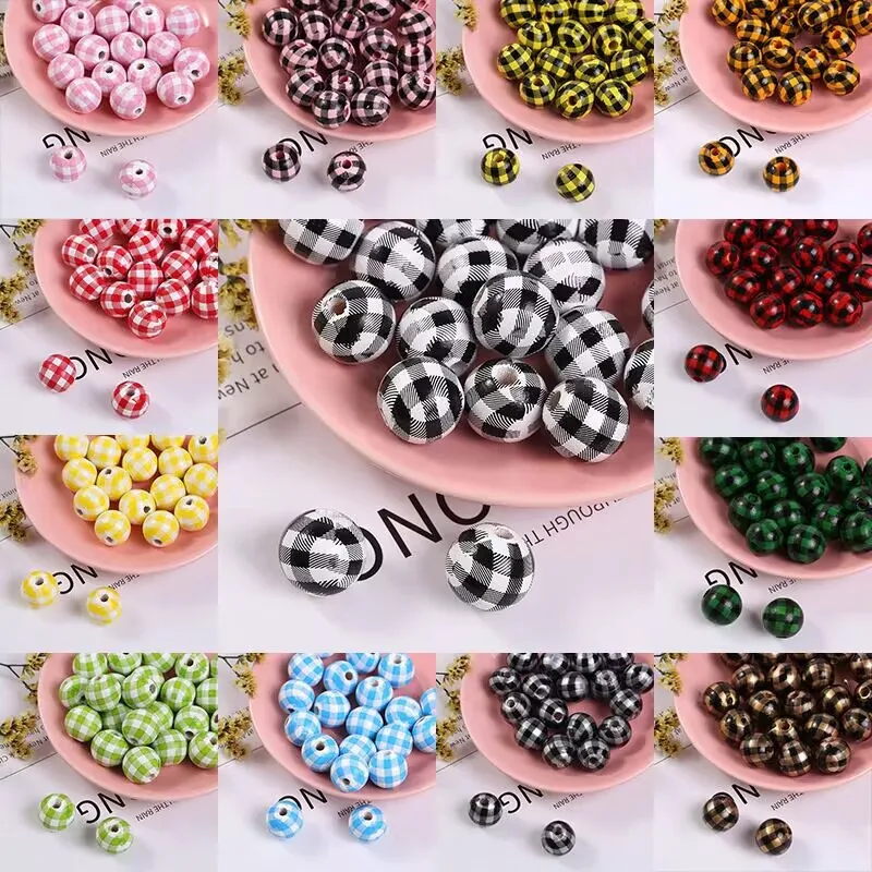 

Wholesale 100pcs/lot 16mm plaid pattern print geometry rounds shape wood beads diy jewerly earring/garment pendant accessory