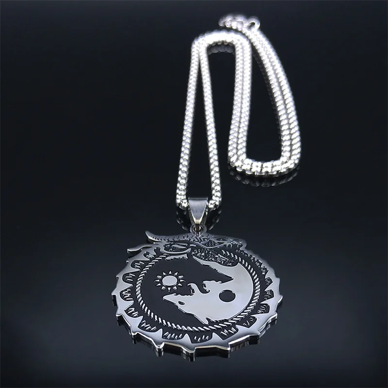 Yin Yang Gossip Wolf Sun Moon Stainless Steel Dragon Pendant Necklace Silver Color Statement Necklace Jewelry collar N3694S02