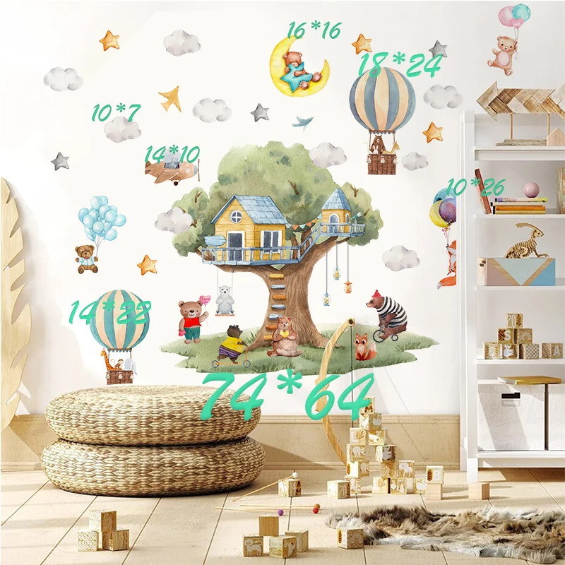 Cute Cartoon Animals Wall Stickers For Kids Rooms Balloon Stars Big Tree For Children Bedroom Decoration Girls Boys Room Decor