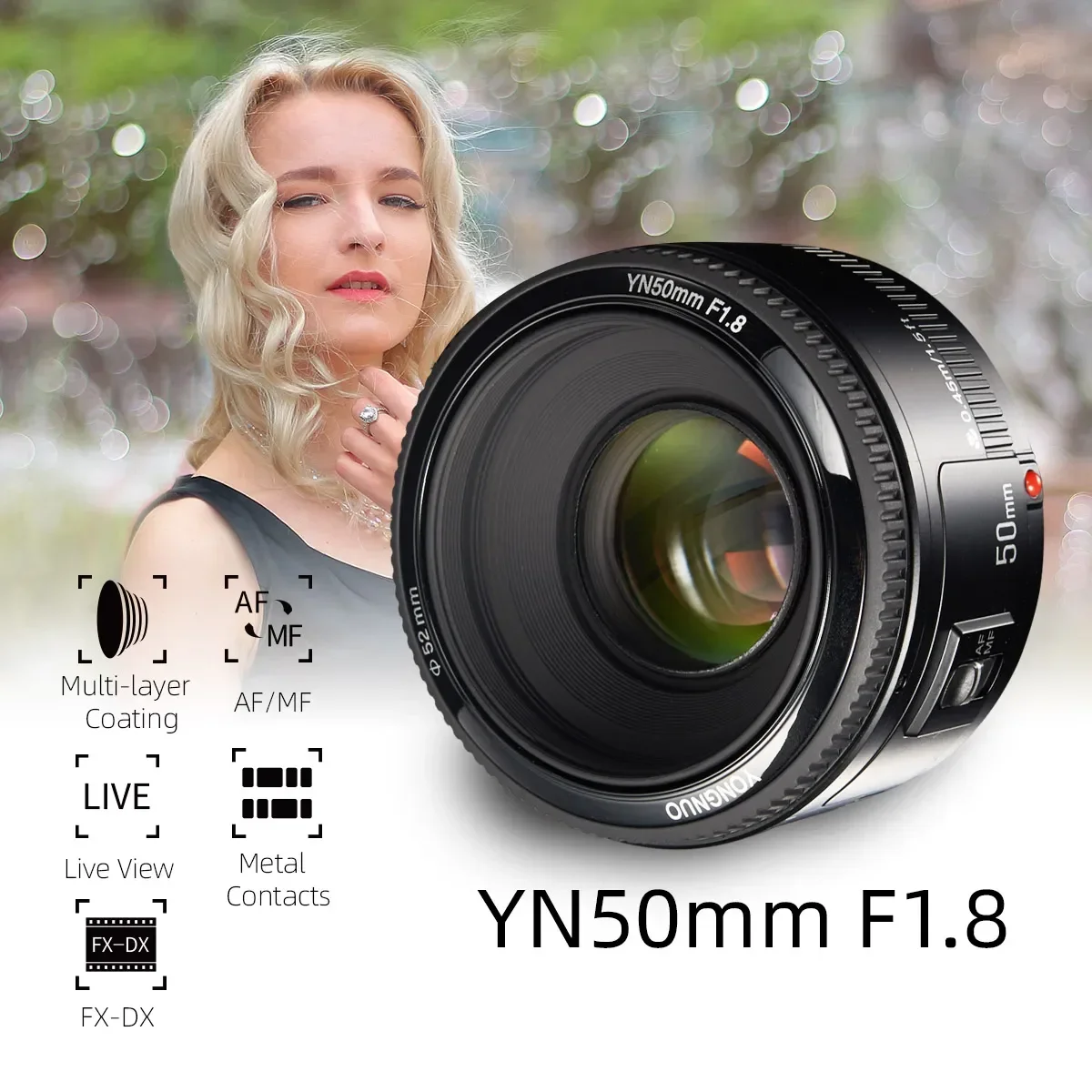 Lente YONGNUO YN50mm F1.8 de Gran Apertura con Enfoque Automático, Compatible con Cámaras Canon con Montura EF EOS