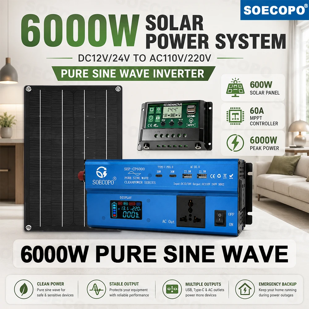 Clean Solar Power System 6000W Pure Sine Wave Inverter DC 12V 24V To AC 110V or 220V 600W Panel 60A MPPT Controller Home RV Use