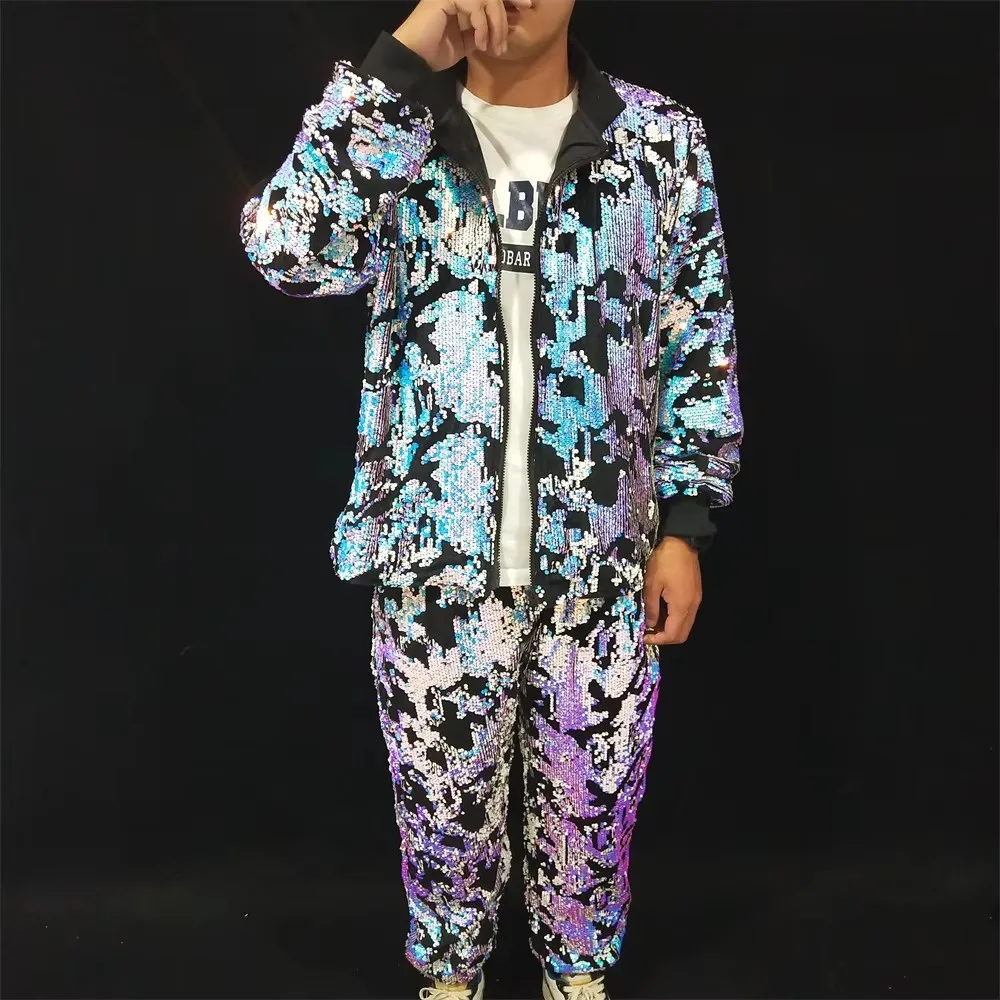 Men Sequins Two Pieces Gradual Blue Blazer Pants Set Bar Concert Male Singer Rock Hip Hop Dancer Team Performance Party Outfit