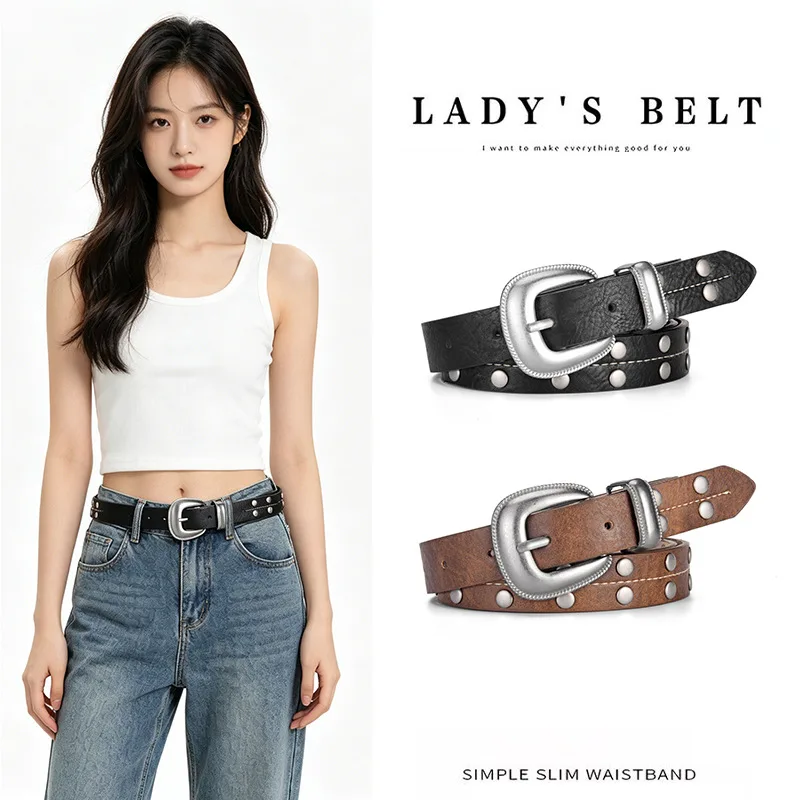 Fashionable Retro Western-Style Studded Texture Silver-Buckle Women’s Belt – Distressed, Versatile Jeans Girly-Style Belt