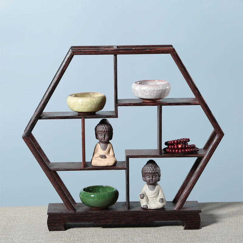 Lightweight Chinese Retro Storage Rack Chicken Wing Solid Wood Purple Teapot Tea Set Shelf Racks Display Stand Organizer