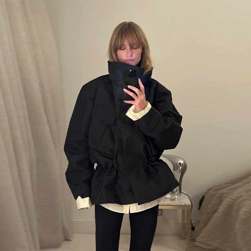 High Neck Zipper Multi Pockets Jacket Woman Solid Color Waist Cinched Long Sleeve Casual Coat Fashion Street Women's New Jackets 8