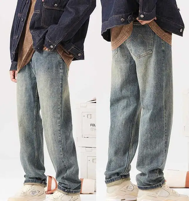 Japan Styles Jeans Men Loose Pants Young Men Floor Baggy Denim Trousers Stonewashed Wide Leg Pants