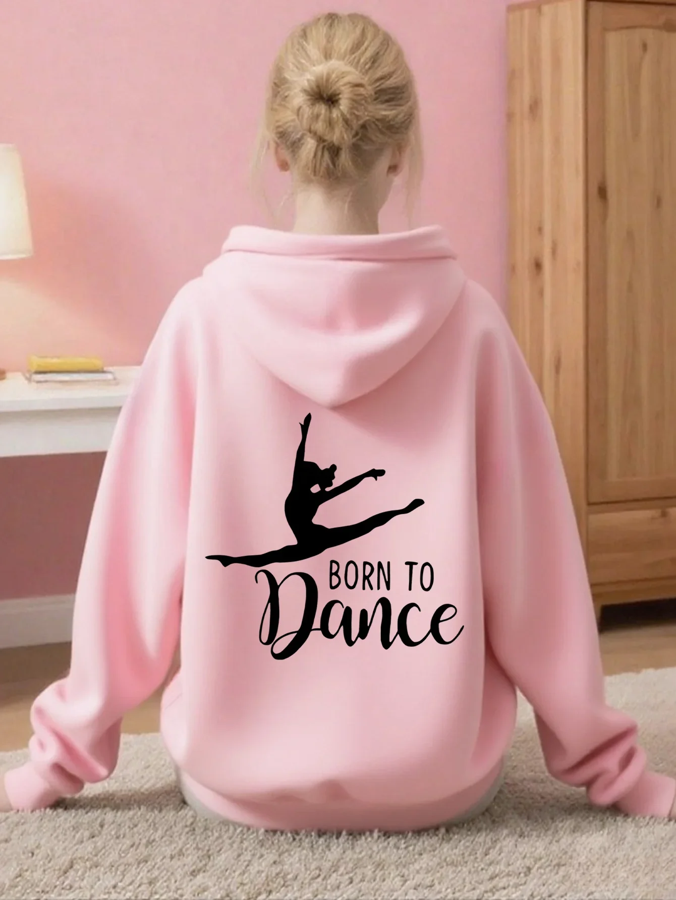 Girls Pink Born To Dance Graphic Printed Hoodie Teen Ballet Silhouette Back Print Sweatshirt Loose Hooded Jumper