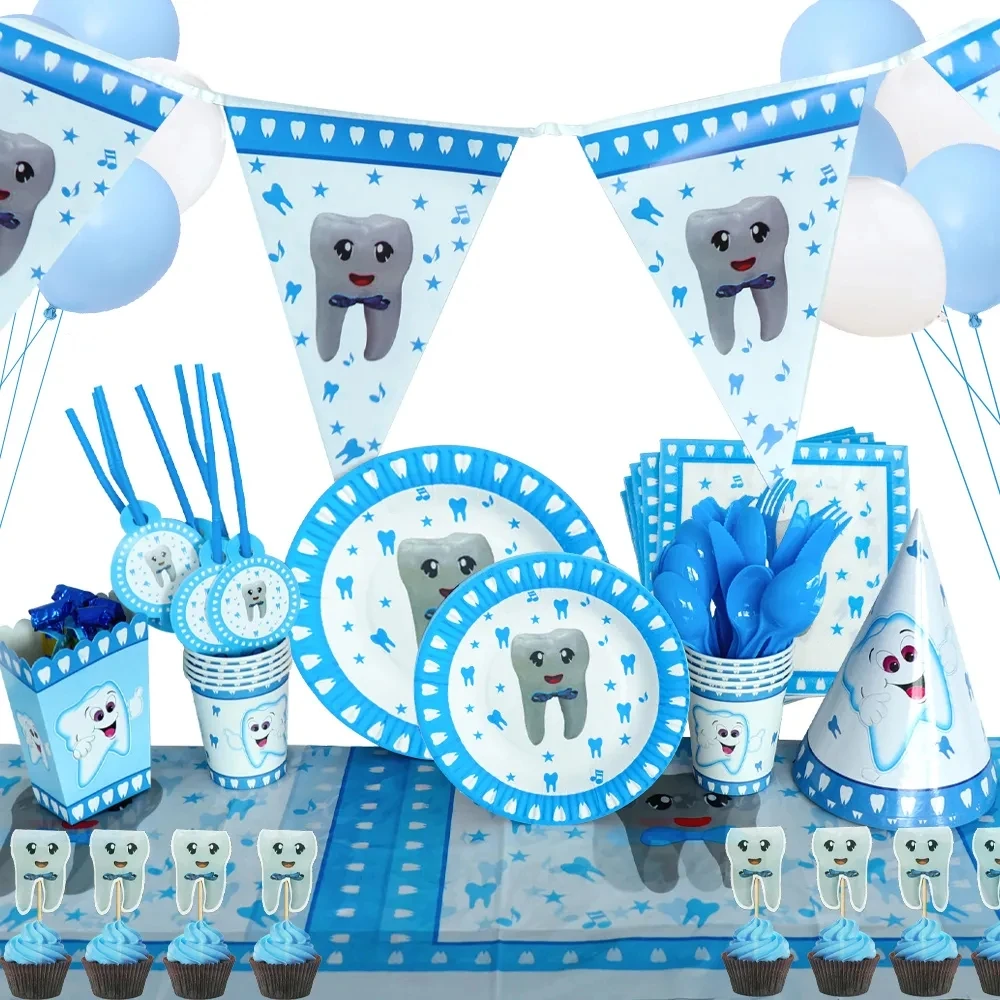 Blue Teeth Theme Disposable Tableware Boy's First Tooth Birthday Party Decorations Disposable Plates Napkins Cups Banners