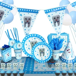 Blue Teeth Theme Disposable Tableware Boy's First Tooth Birthday Party Decorations Disposable Plates Napkins Cups Banners