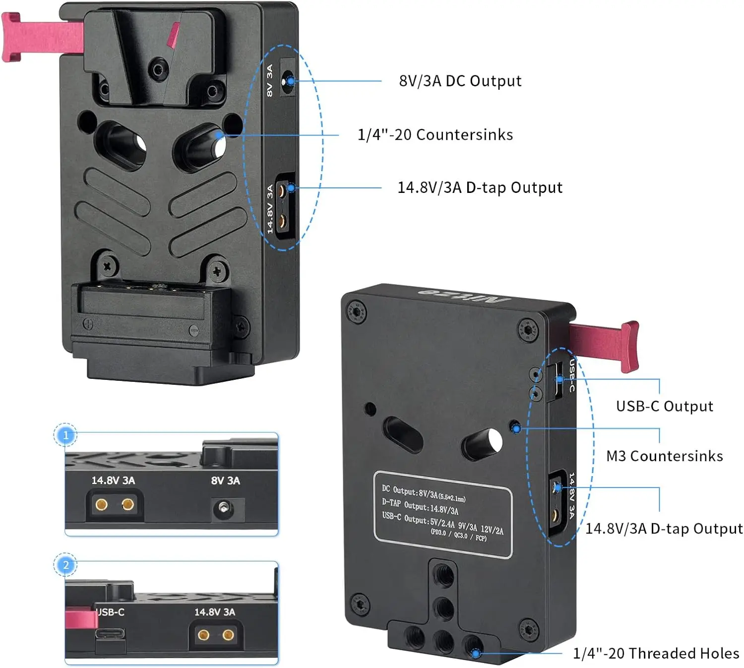 Nitze V Mount Battery Plate with One 8V/3A DC, Two 14.8V/3A D-tap and One PD 3.0 USB-C Output Ports-N21-D6