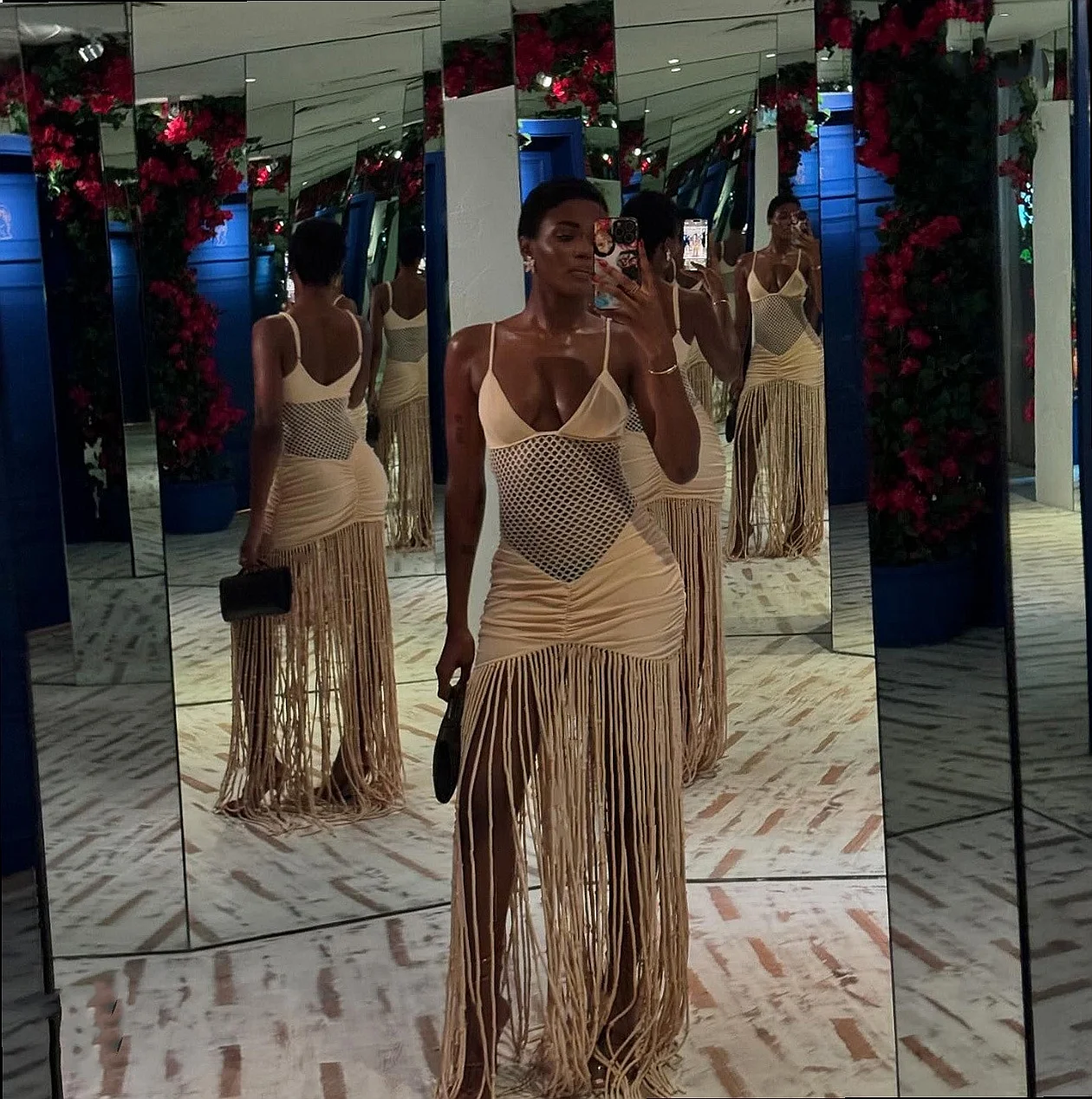 Sling Mesh Cut Out Fringe Bodycon Dress, Summer Spring Evening Dresses with Ruched, Jumpsuit Playsuit
