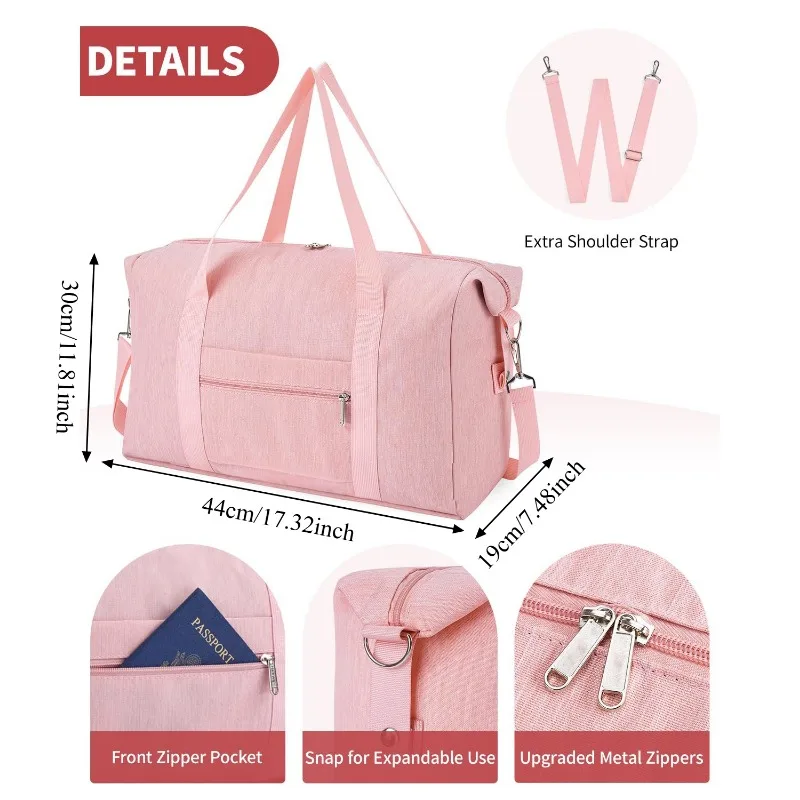 1pcs Storage Duffel Bag Polyester Pink Expandable Gym Tote Front Zipper Pocket Detachable Strap Weekend Travel Clothes Bag view 4