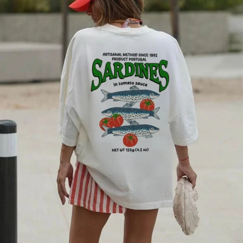 المرأة الصيف الرجعية البرتغالية السردين تي شيرت الشارع نمط تي شيرت الجمالية الغذاء تي شيرت الرجال والنساء عطلة
