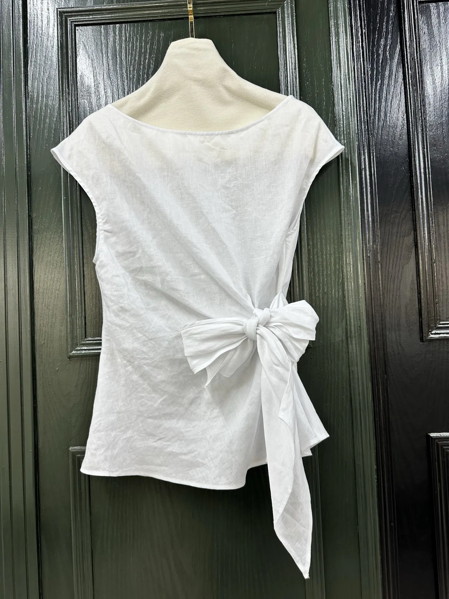2-Colors Women Casual T-Shirt 100% Linen Lace-up Waist-Cinching Round Neck Short Sleeve Loose Female Tee Tops