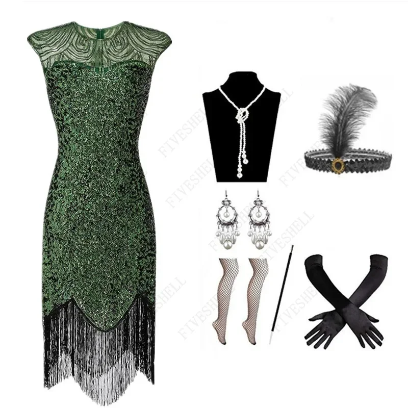 Women Cosplay 1920s Vintage Flapper Gatsby Dress Sleeveless Party Costumes V-Neck Sequin Fringed Tassel Evening Midi Vestidos