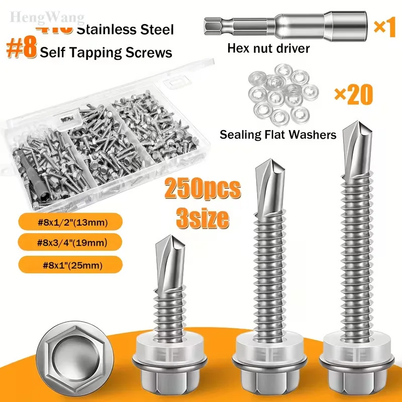Self Tapping Screw Hex Washer Head 250pcs Assortment Kit #8 M4.2 410 Stainless Steel Self Drilling Tek Screw for Sheet Metal