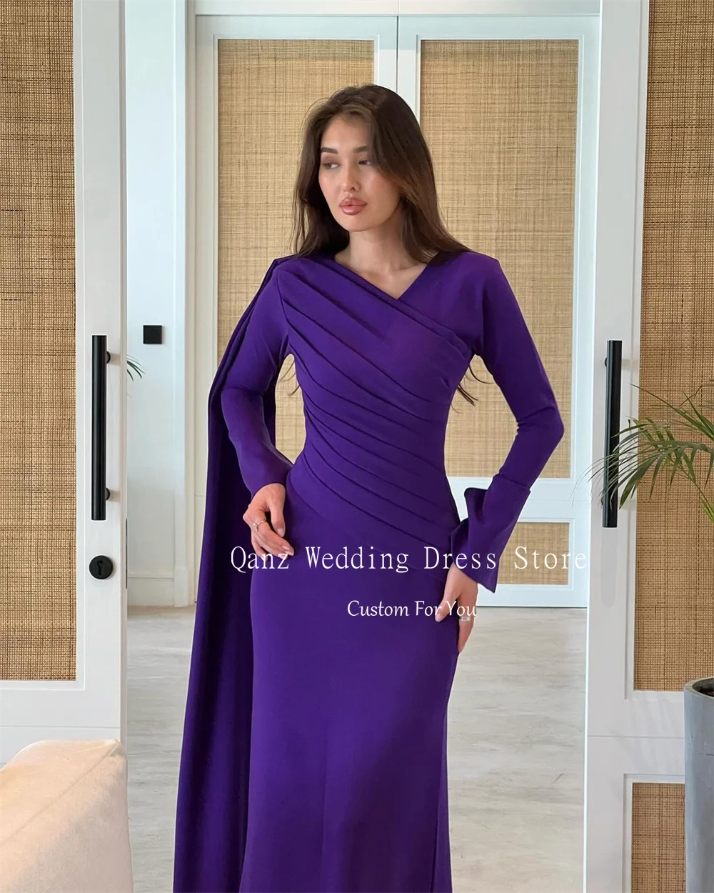 Qanz Purple Satin Arabia Evening Dresses Long Sleeves Abendkleid Luxury 2024 Mermaid Floor Length Party Dress Women Customized