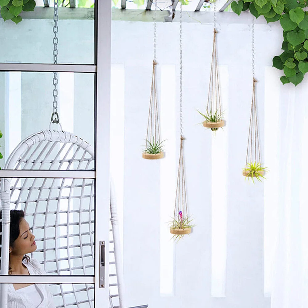 Natural Hemp Rope Plant Holder Set  6 Wooden Hanging Stands for Balcony/Garden UK Stock