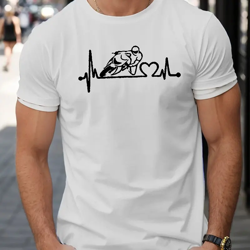 Motorcycle Rider Graphic Print Men\'s Creative Top, Casual Short Sleeve Crew Neck T-shirt, Men\'s Clothing For Summer Outdoor