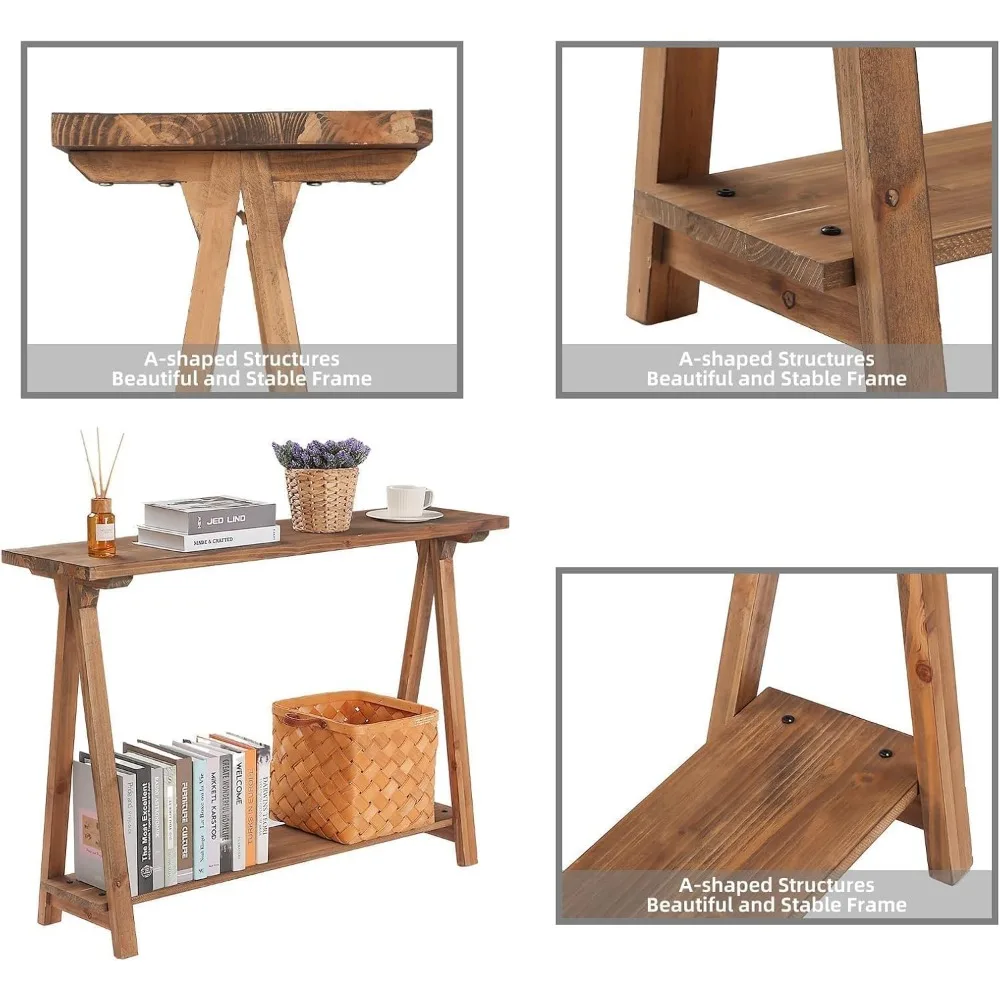 Mesa de console rústica de madeira maciça, mesa de sofá de dois camadas 43,3, estilo fazenda natural para sala de estar e entrada
