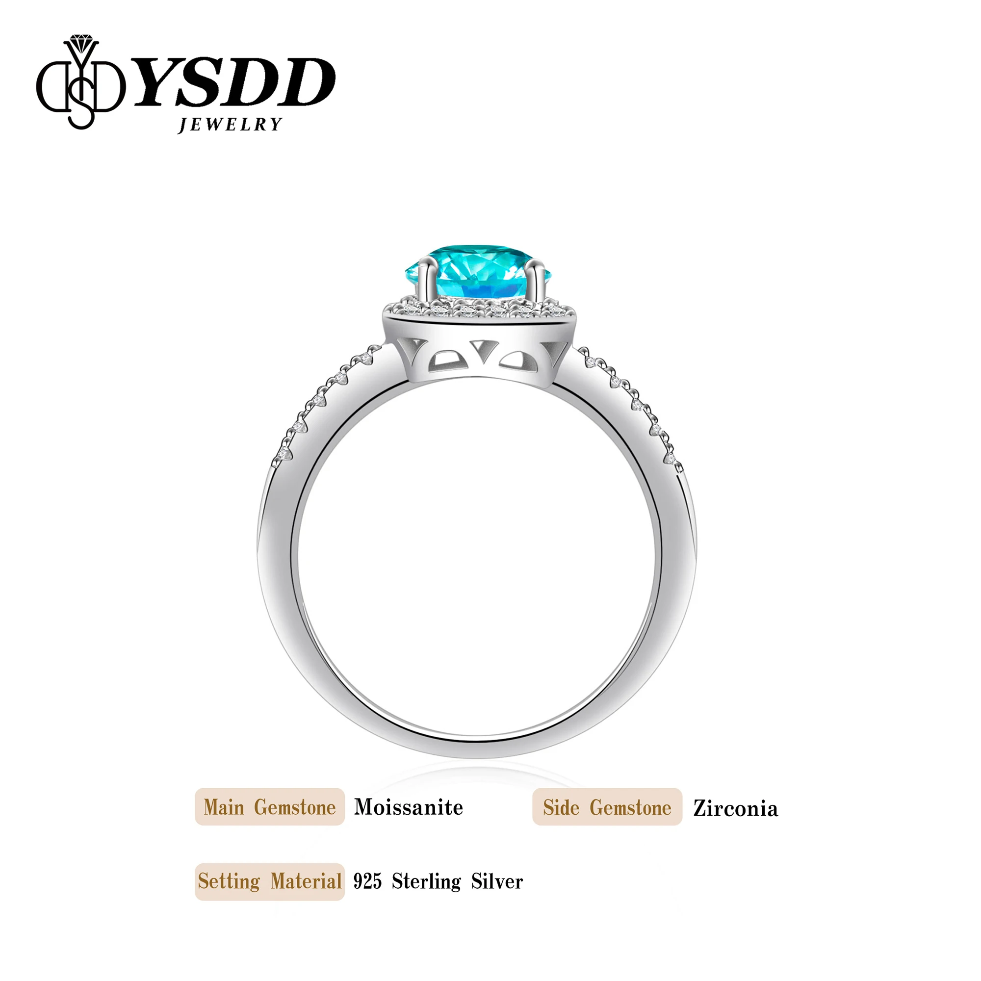 #98 YSDD Moissanite Ring 1 Carat Paraiba Blue Princess Square Pack 925 Sterling Silver V Row Ring Women's Ring Quality Jewelry