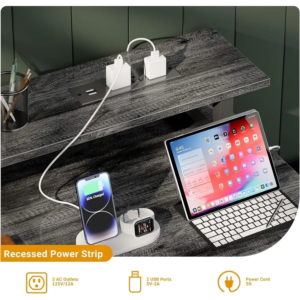 مكتب ألعاب حديث بإضاءة LED مع منافذ طاقة، 47 مكتب منزلي من خشب البلوط الأسود للمساحات الصغيرة مع رف شاشة