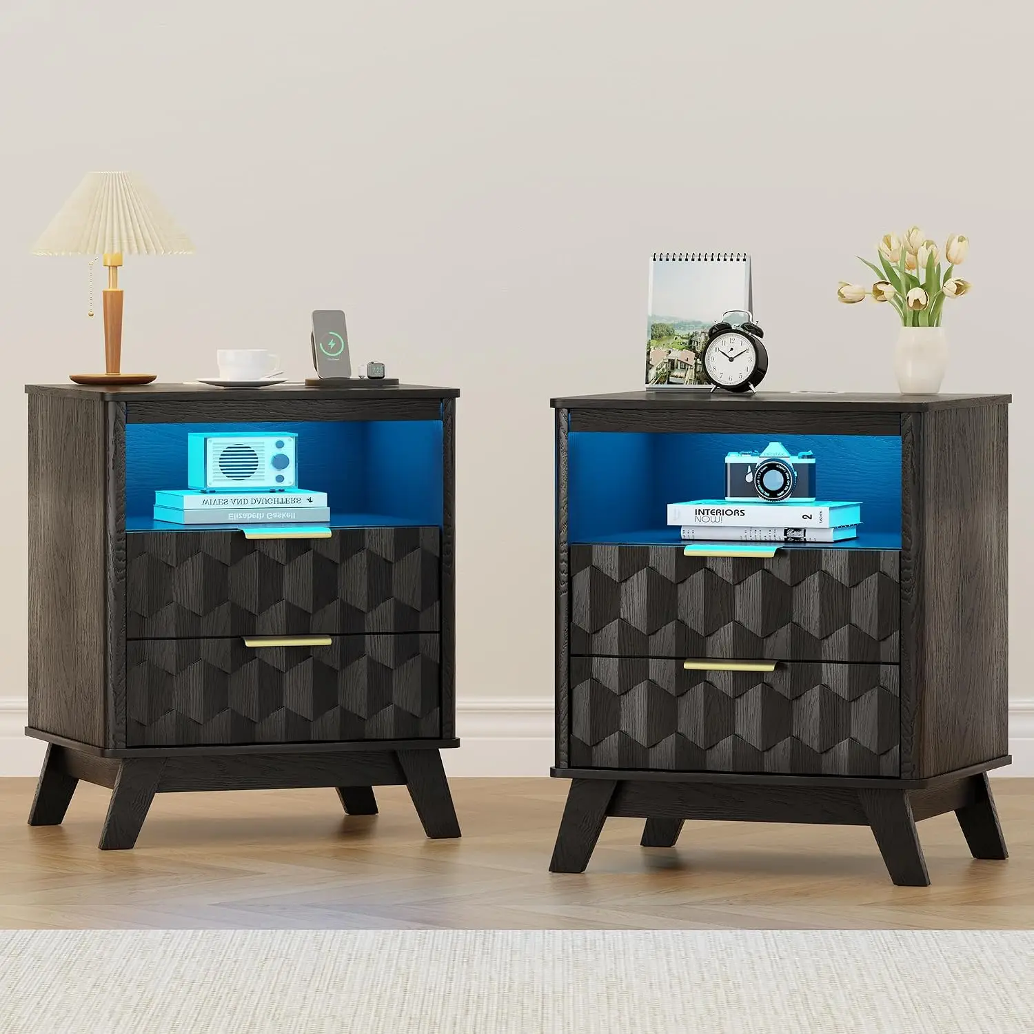 LED Nightstand with Auto Sensor and USB&Type-C for Bedroom,Black, Customized