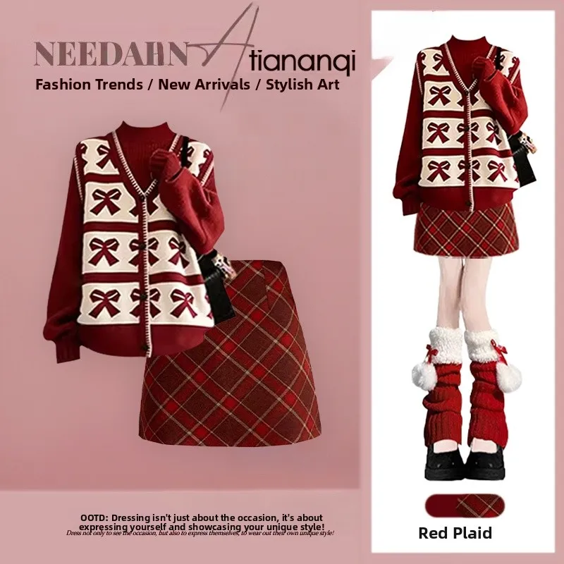 

New Year Red Bowknot Fake Two-Piece Sweater Set High Waist Plaid Skirt Women's Faion Slimming Outfit Winter Ensemble