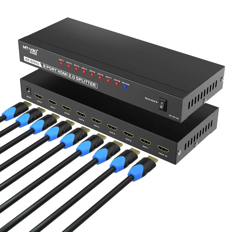 

4K 60Hz HDMI Splitter 1 in 8 Out, 1 Computer 2 Monitor + Power Adapter, 4K HDMI Splitter 1x8 for 8 TV Monitors