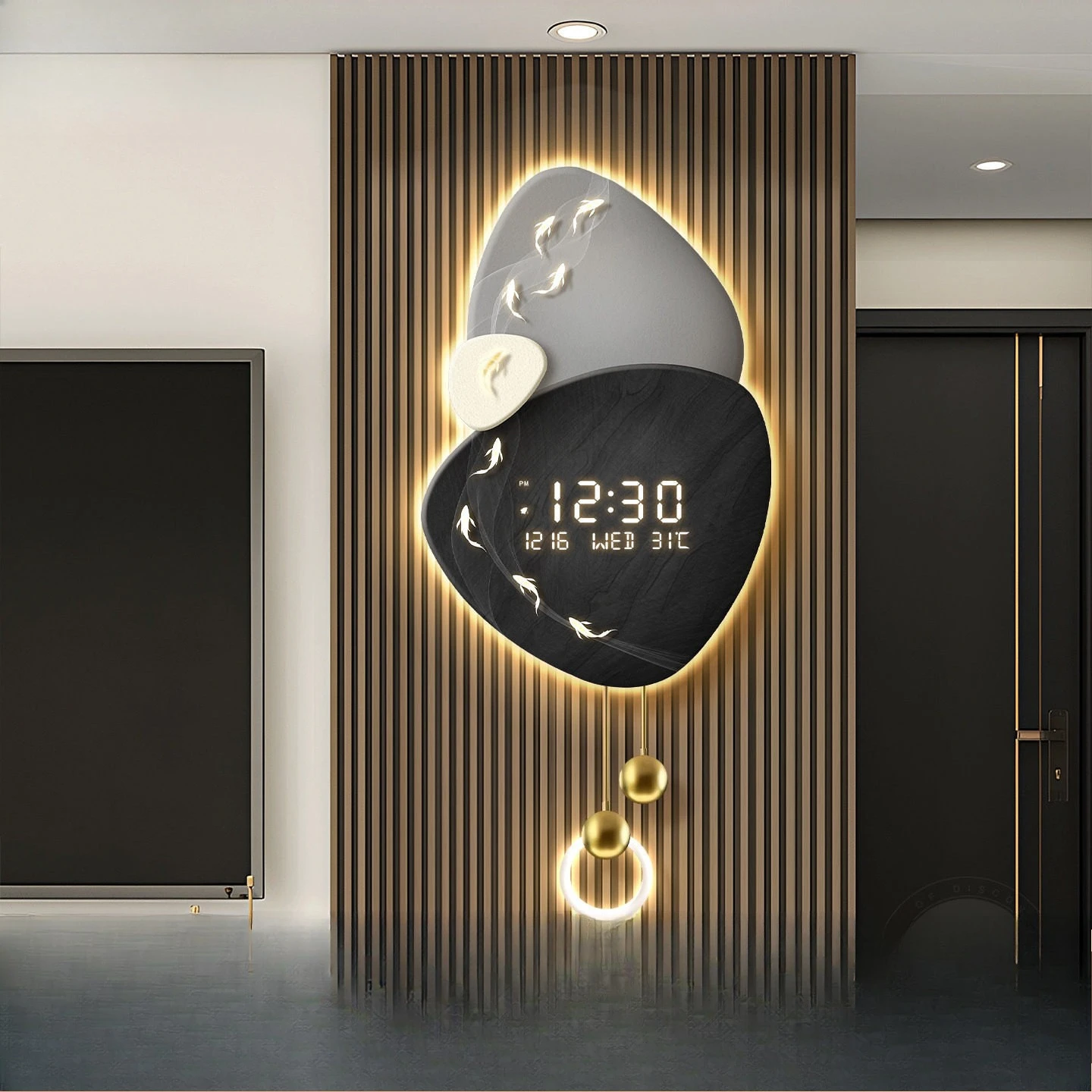 Time Comes And Goes, Nine Fish Figure Wall Clock Light Luxury Living Room Clock Decoration Silent Grille Light Wall Clock