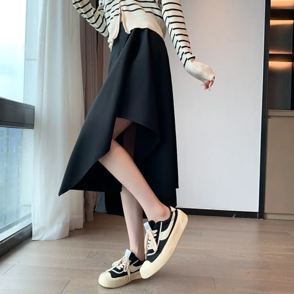 

High Waist Irregular Skirt for Women Retro Style Mid-Length Slimming Pleated Design for Autumn And Winter