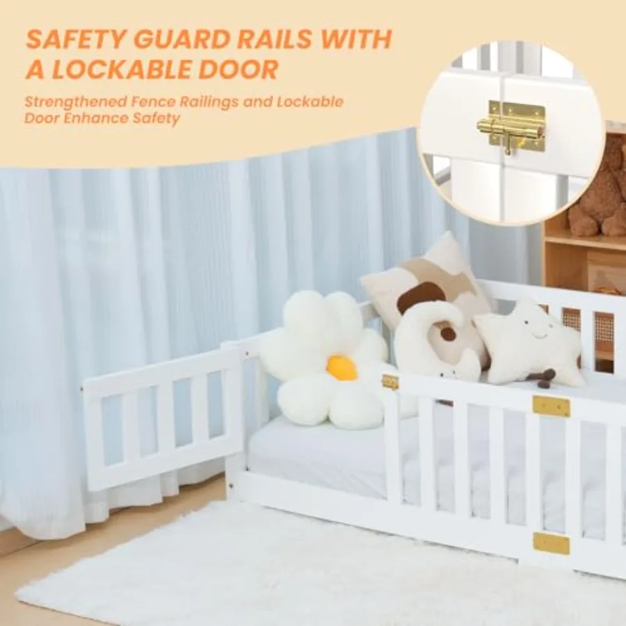 Twin Floor Bed for with Montessori Design Featuring Wooden Slats Integrated Door Storage and Sturdy Wood Frame Ideal for Toddle